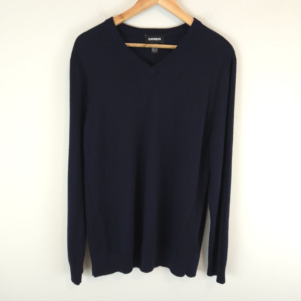 Express Men's Navy 100% Merino Wool V-Neck Sweater